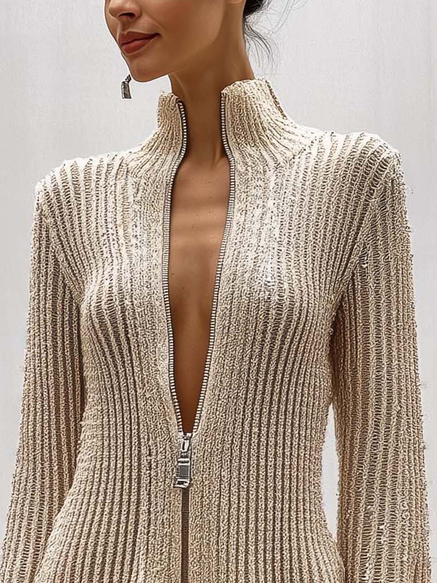 Fashionable Textured Beige Knitted Cardigan With Zipper