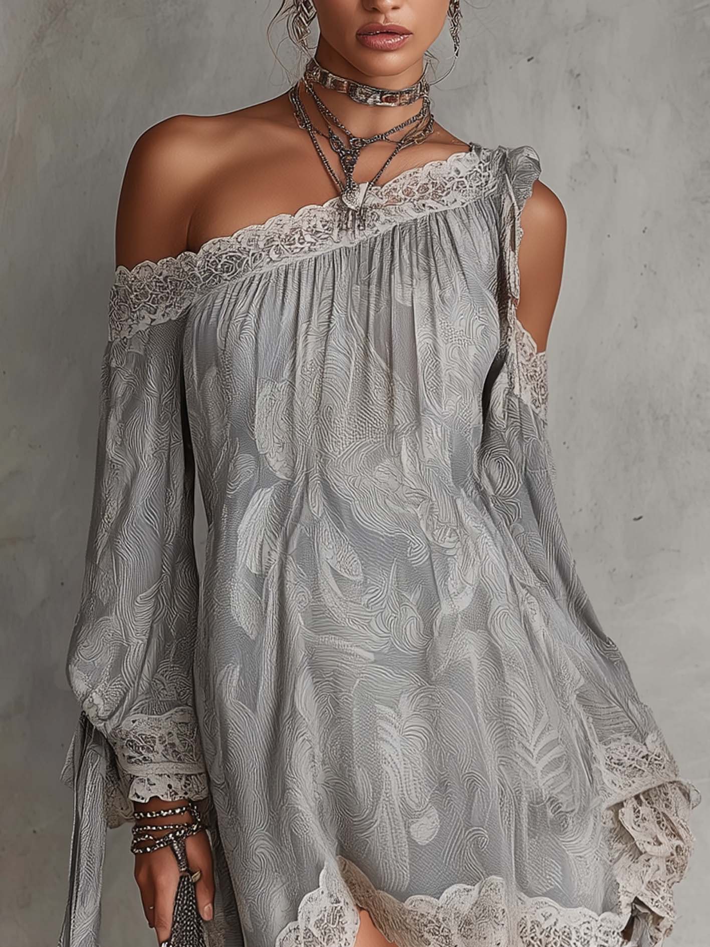 Light Gray Paisley Print Chiffon One Shoulder Lace Trim Mini Dress