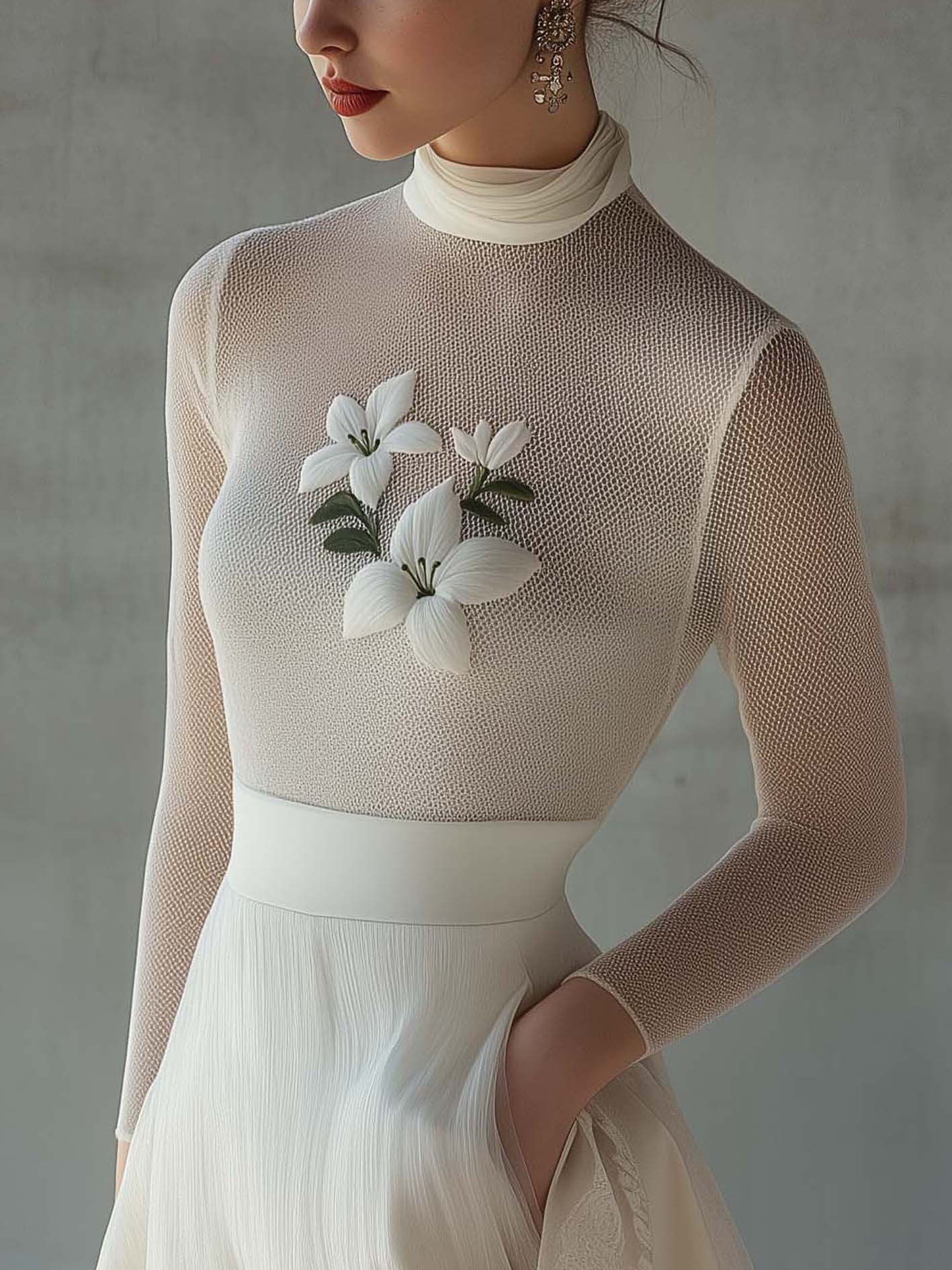 White Mesh T-shirt With Elegant White Embroidery