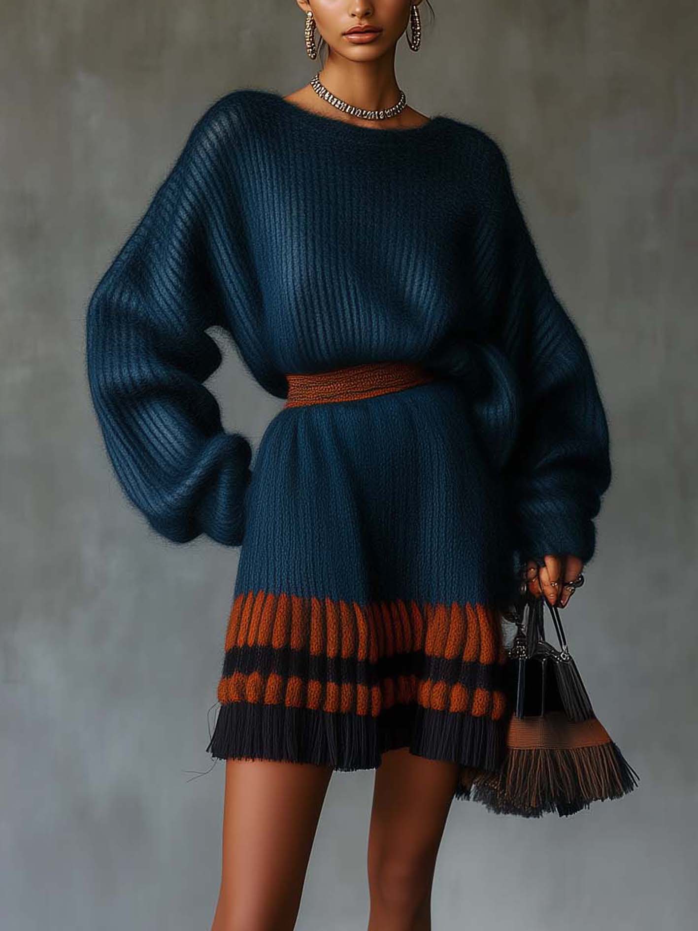 Dark Blue Knitted Mini Dress With Orange And Gray Color Blocks