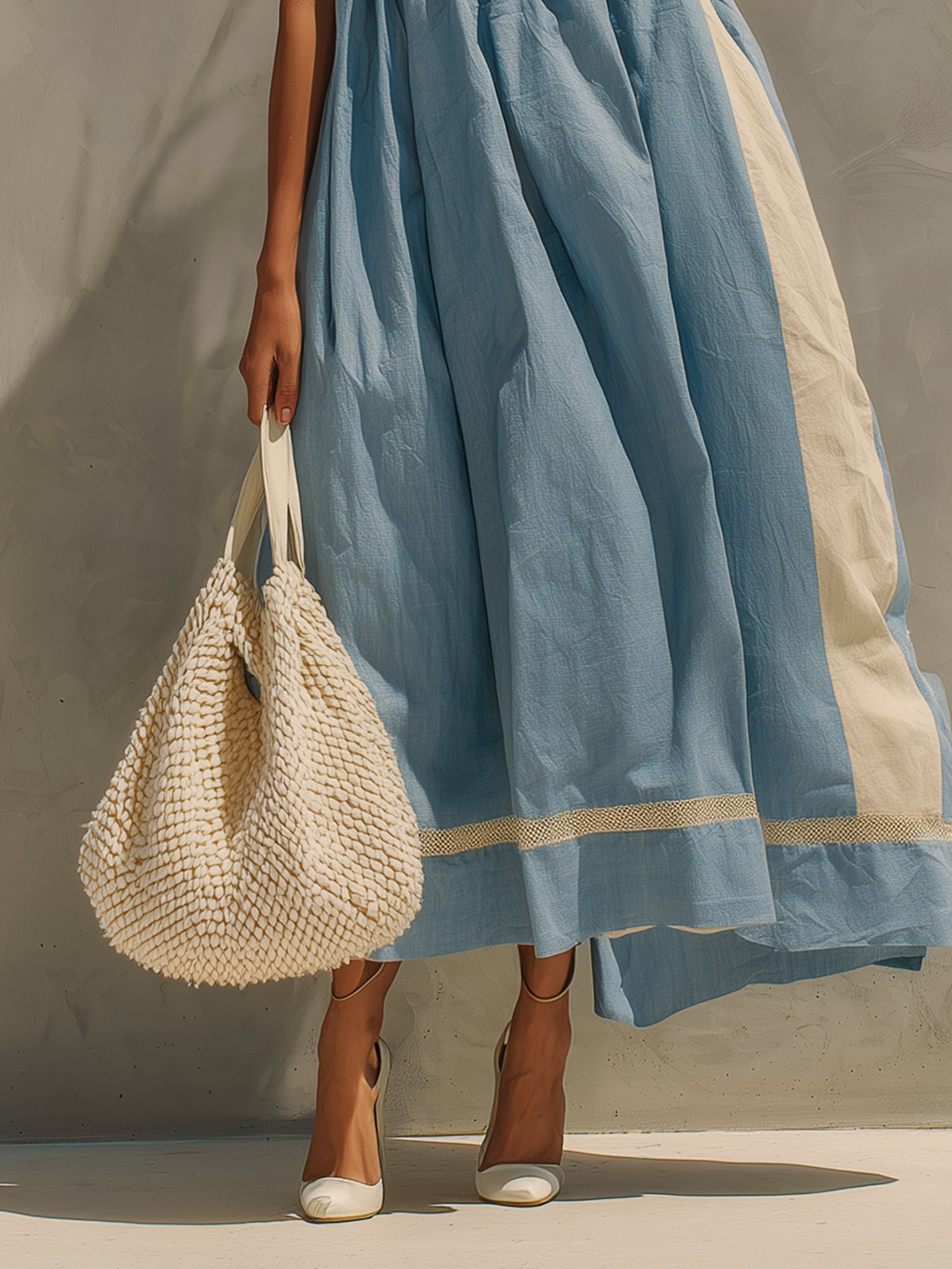 Blue Loose Woven Linen And Cotton Maxi Dress