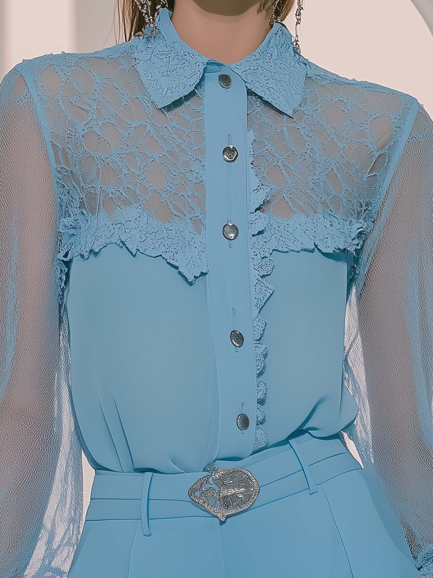 Blue Chiffon Fashion Blouse With Lace Mesh