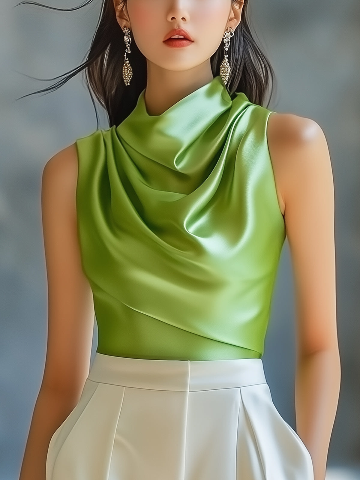 Solid Color Satin Cowl Neck Blouse