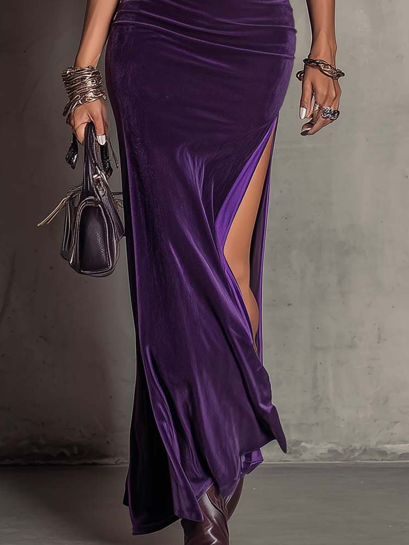 Purple Velvet Cutout Sleeveless Bodycon Dress with Side Slit