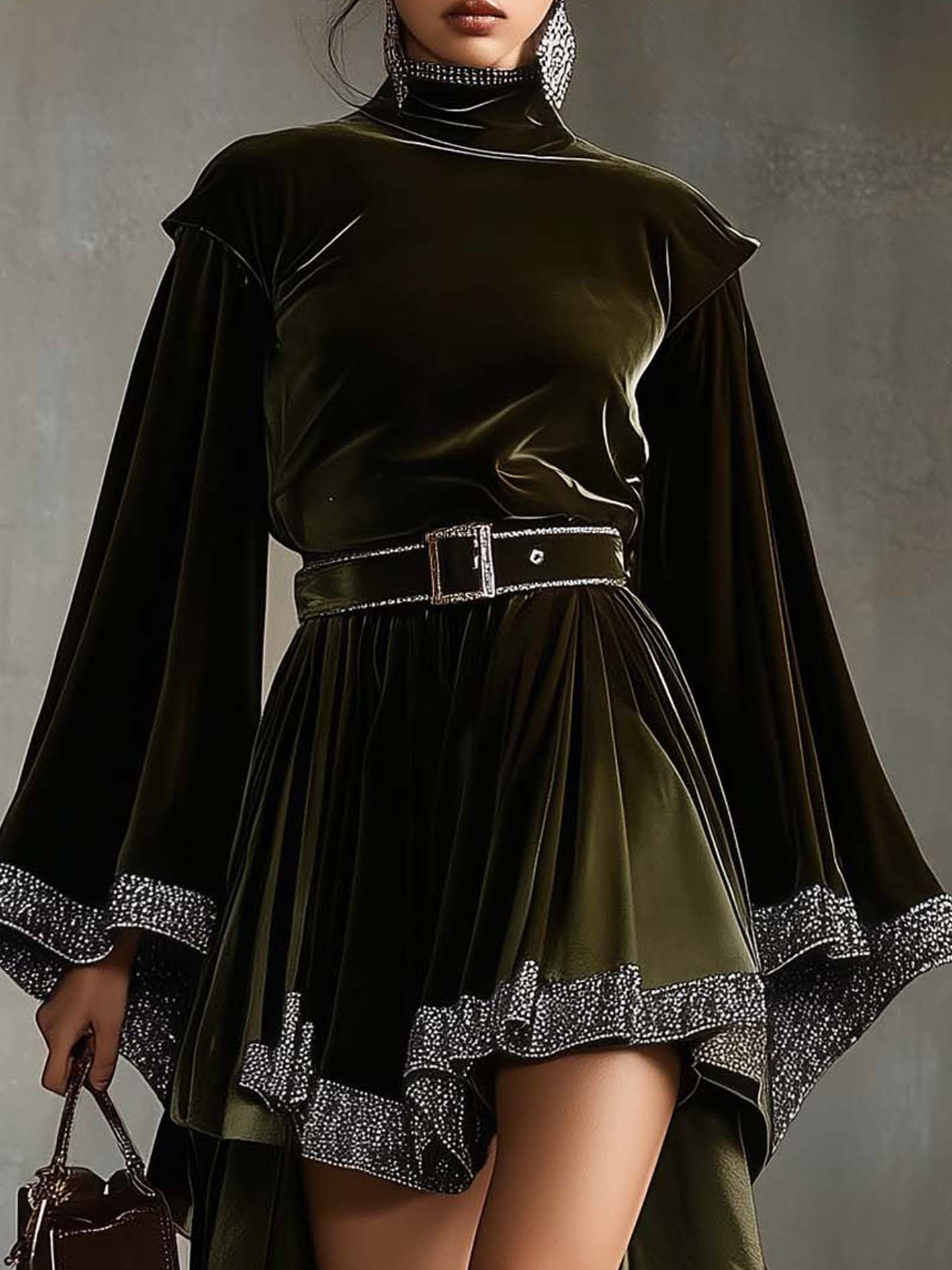 Olive Green Velvet Mini Dress With Stylish Webbing And Belt
