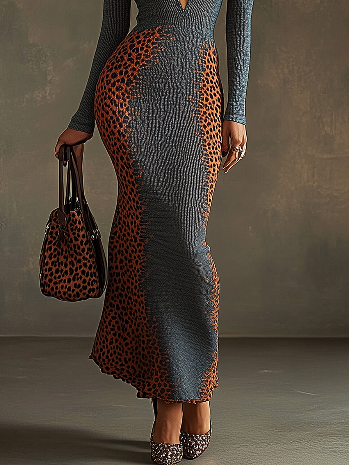 Long Sleeve Bodycon Dress With Leopard Print Paneling