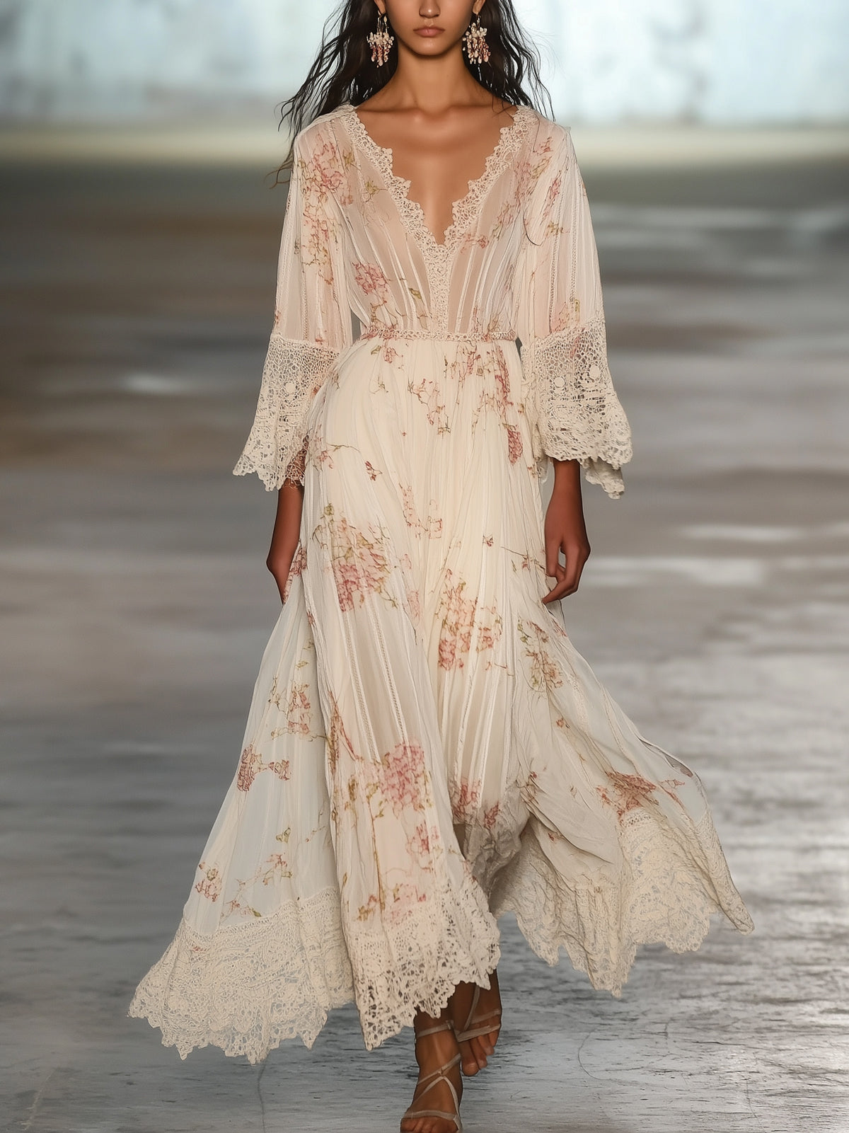 Ivory Floral Chiffon Lace Trim Deep V-Neck Bell Sleeve Maxi Dress