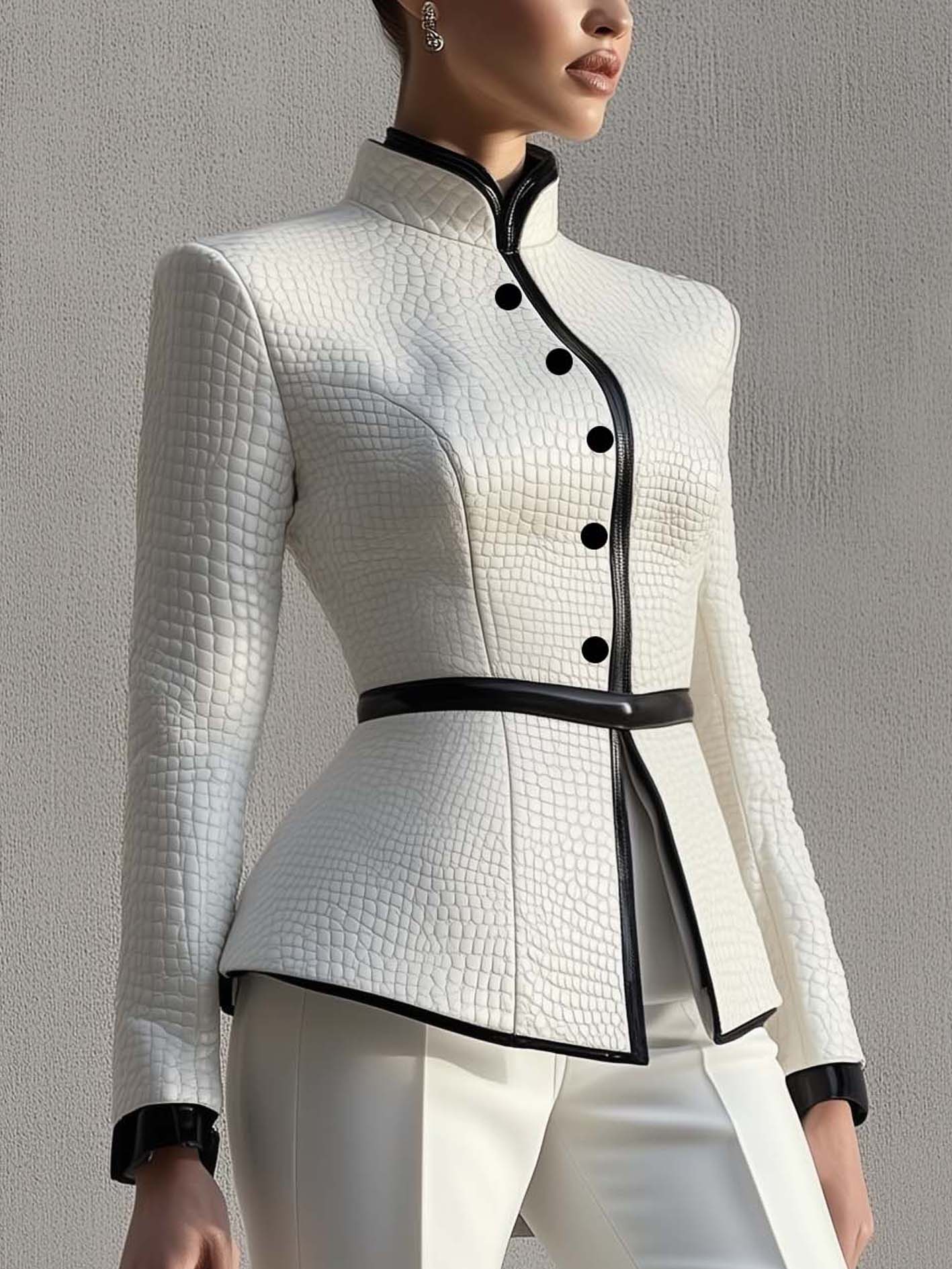 White Textured Faux Leather Jacket With Stand Collar And Black Trim