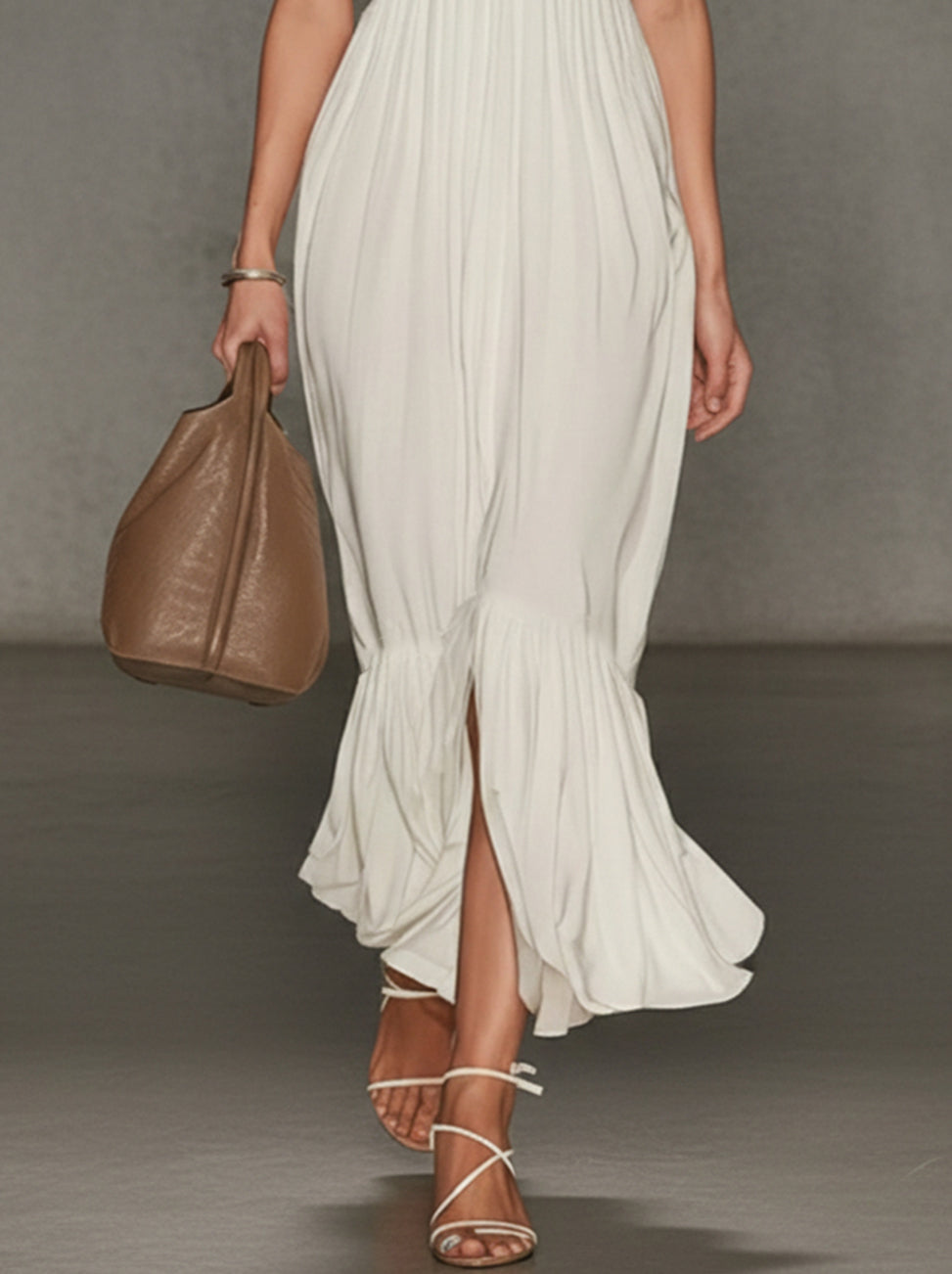 White Lace-Sleeve V-Neck Pleated Maxi Dress