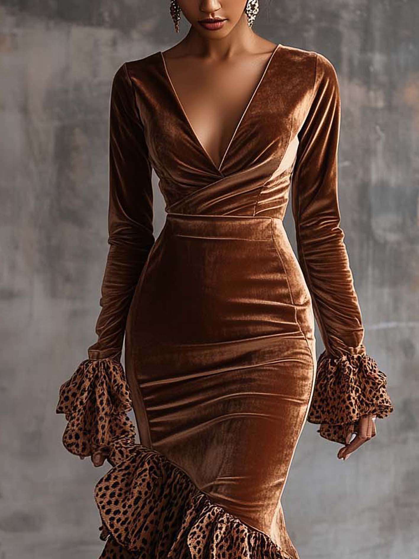 Brown Velvet Bodycon Dress With Leopard Print Ruffles