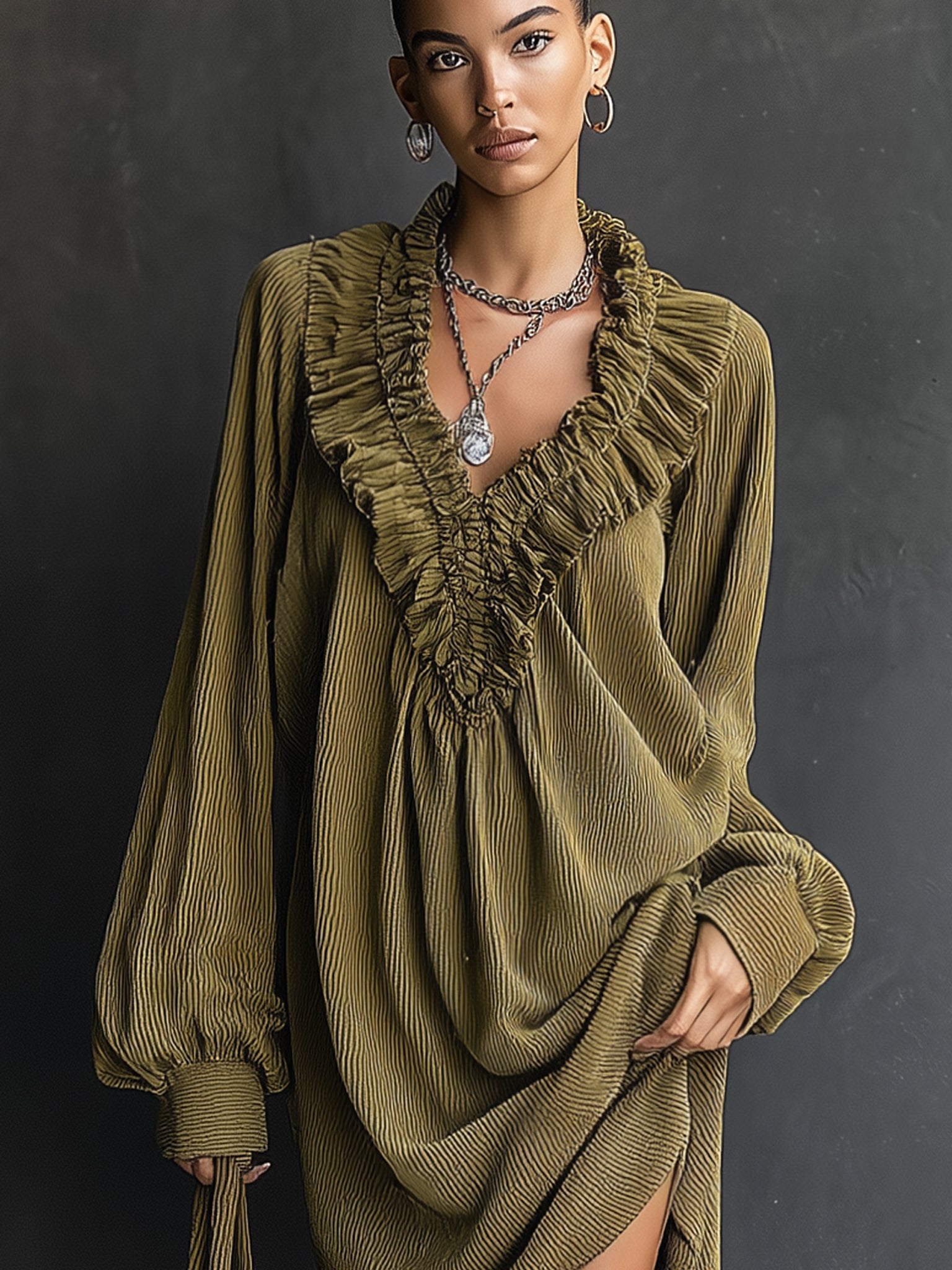 Olive Ruffled Corduroy V-Neck Long Sleeve  Mini Dress
