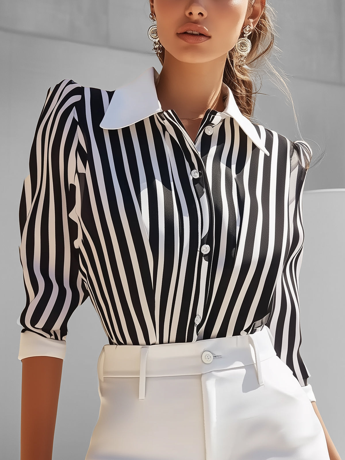 Black And White Striped Blouse With Contrasting Collar And Cuffs