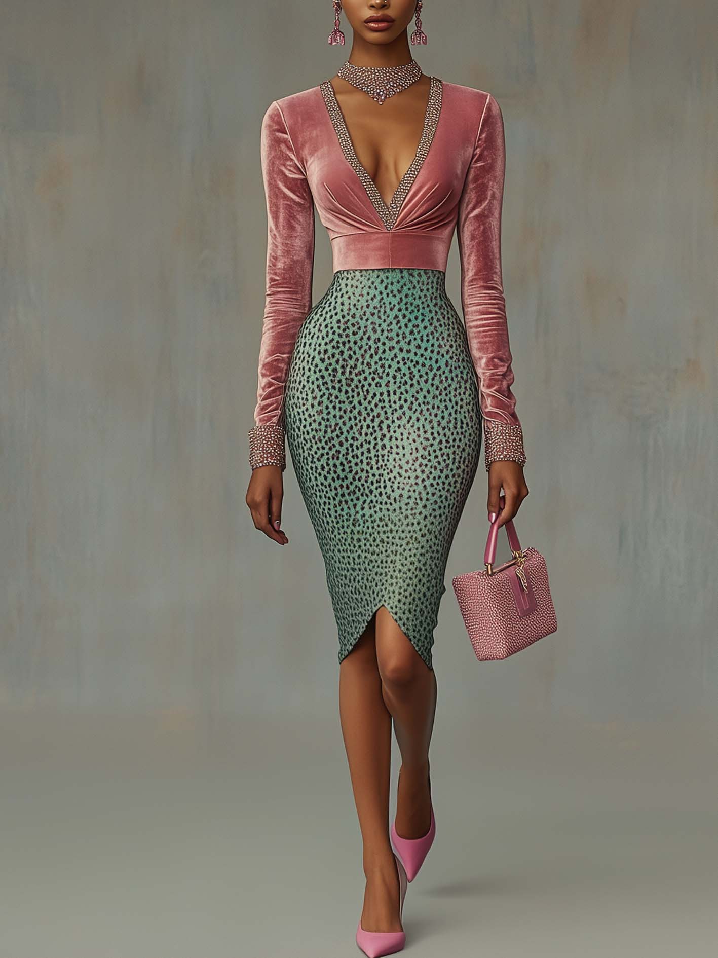 Pink Velvet Midi Bodycon Dress With Green Leopard Print And Ribbon