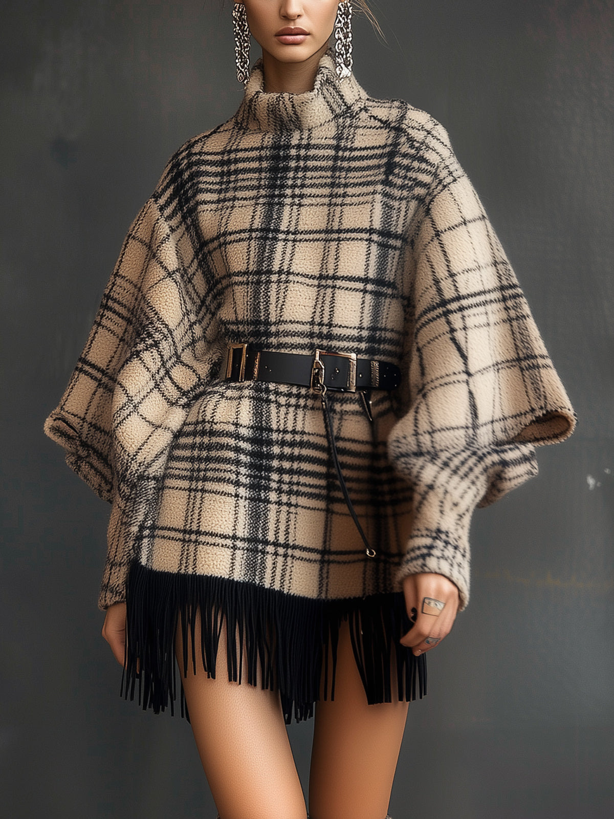 Plaid Blend Oversized Dress With Fringe And Belt