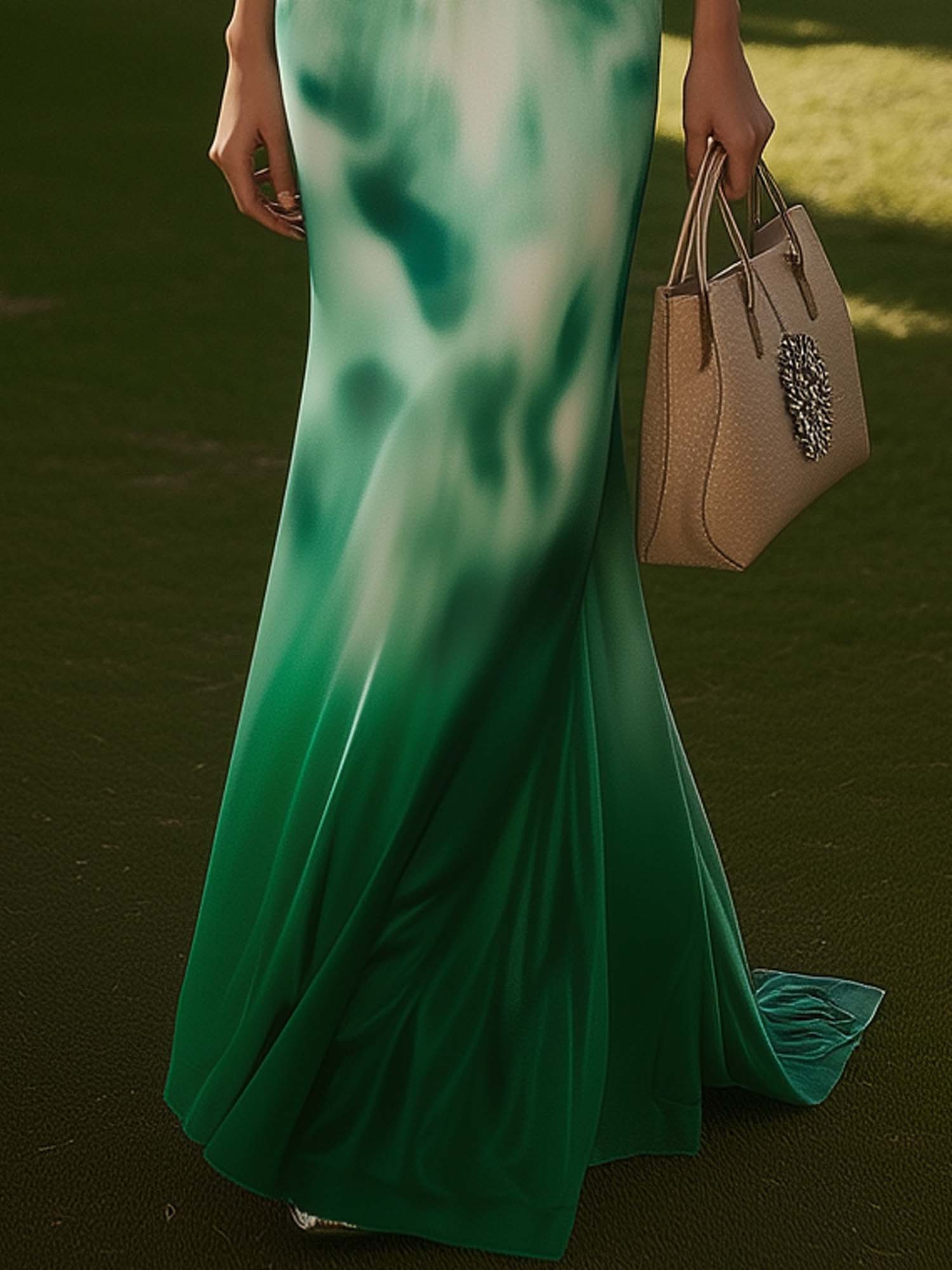 Green Maxi Dress With Gradient Leopard Print And Gradient Pattern