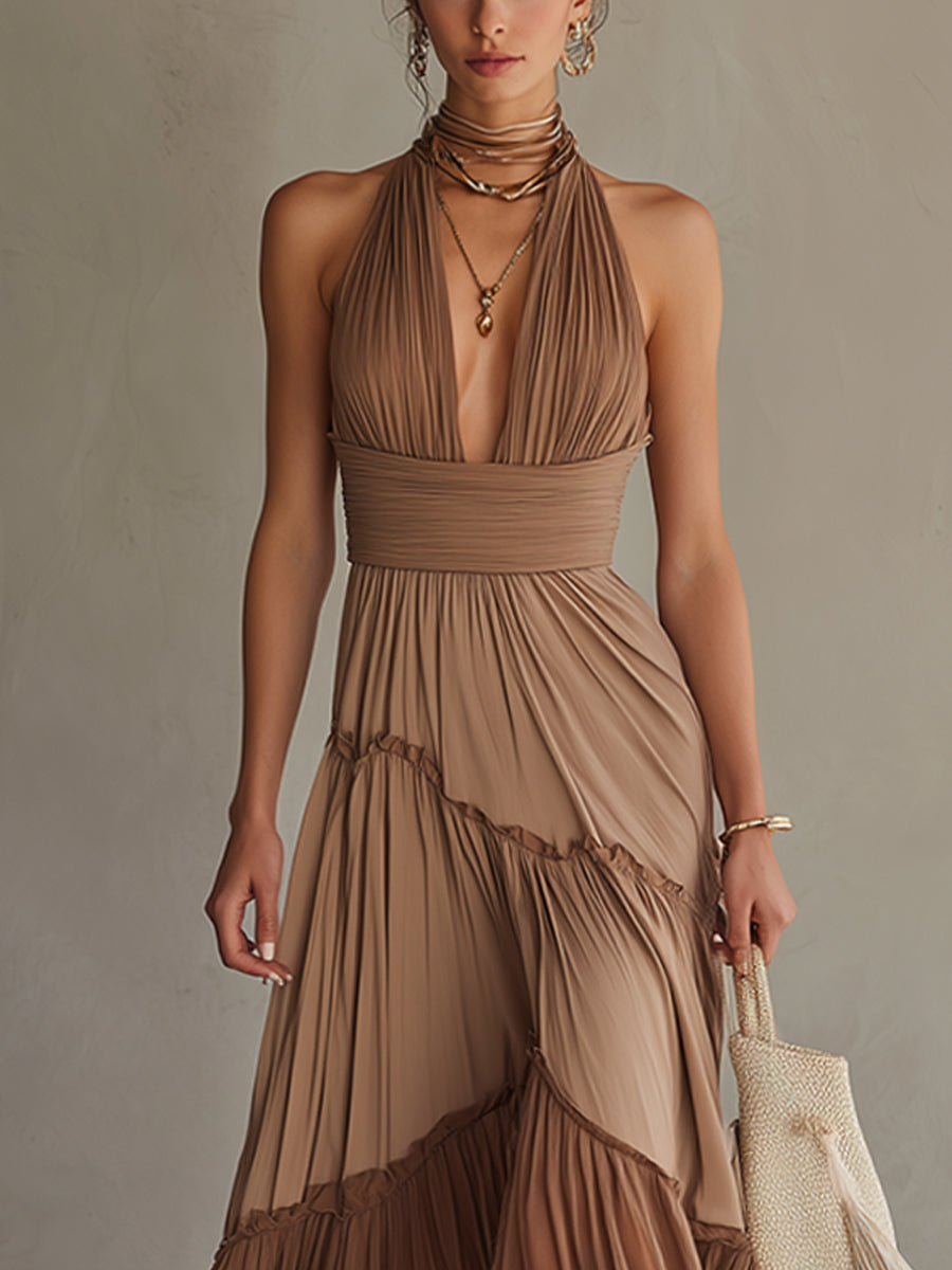 Nude Gradient Chiffon Lace Maxi Dress