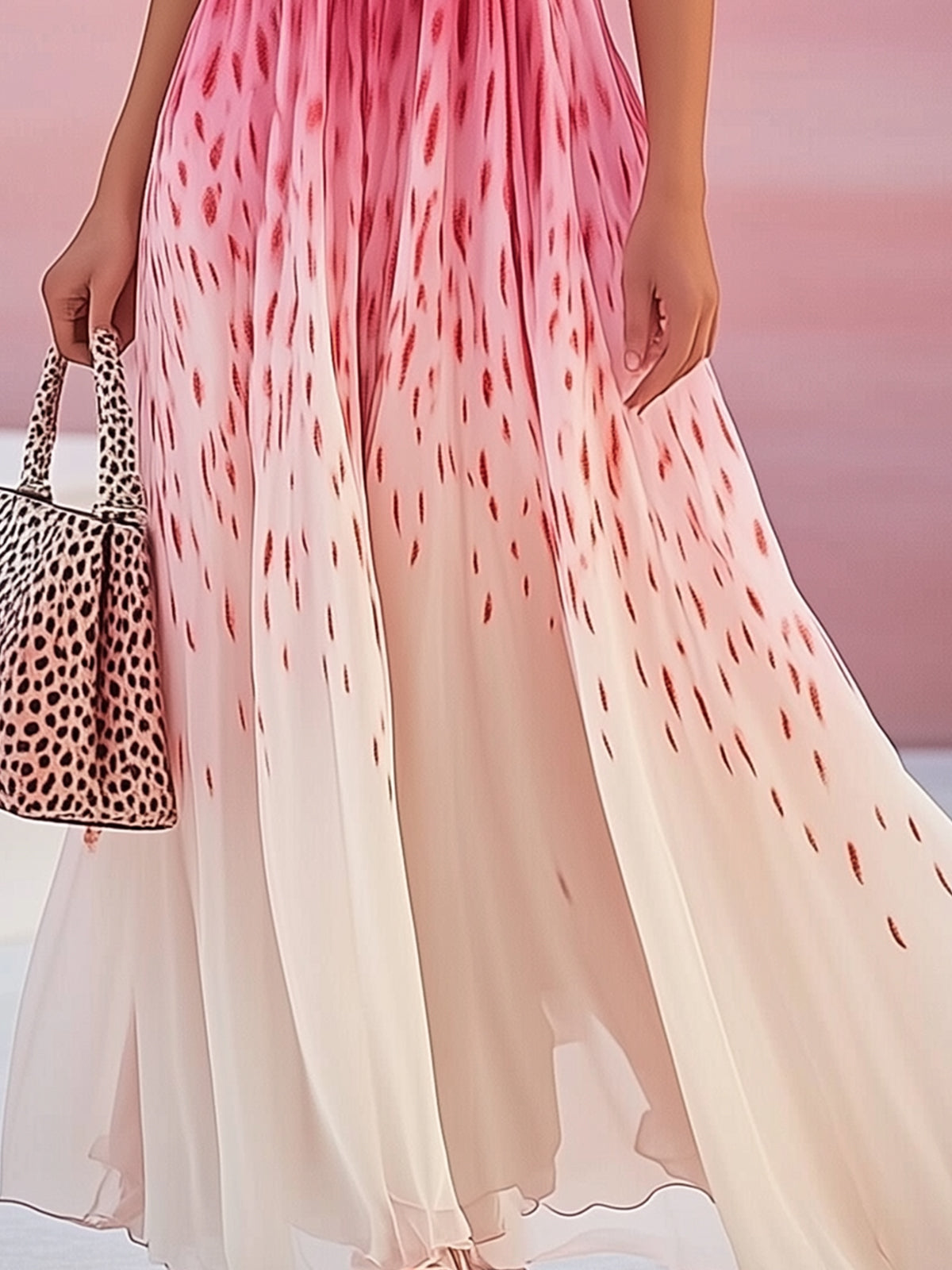 Elegant Pink Gradient Deep V-Neck Flowing Maxi Dress