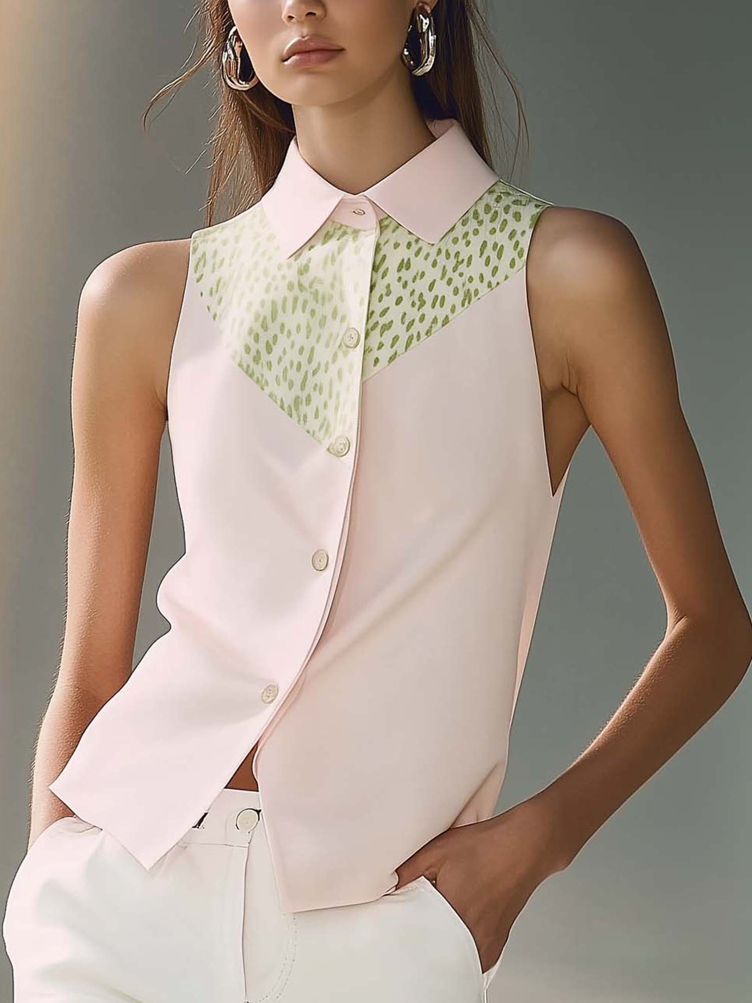 Sleeveless Pink Fashion Blouse With Green Gradient Leopard Print