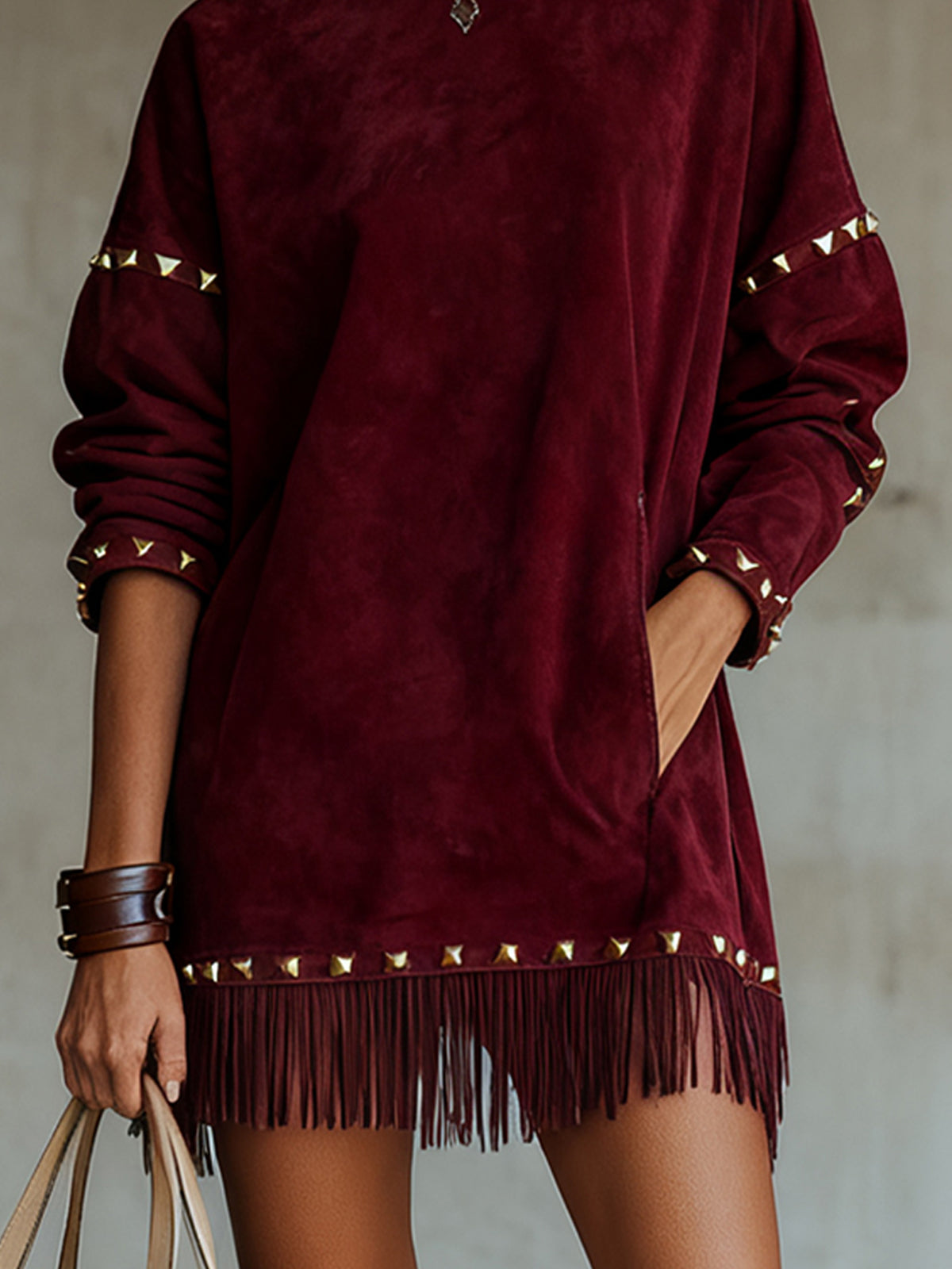 Red Faux Suede Mini Dress With Studded Fringe Trim