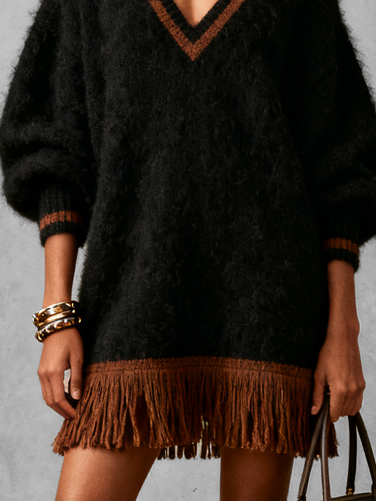 Black Fuzzy Knit V-Neck Sweater Dress With Fringe Hem