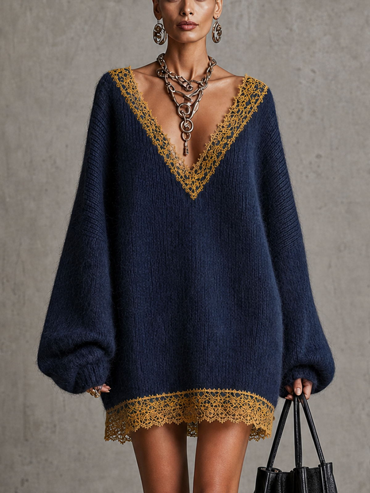 Navy Fluffy Mohair Lace Trim Deep V Oversized Mini Sweater Dress