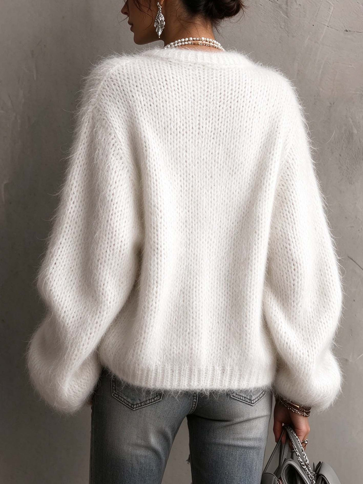 Ivory Fuzzy Mohair Cardigan With Double Row Of Pearl-Trim Buttons