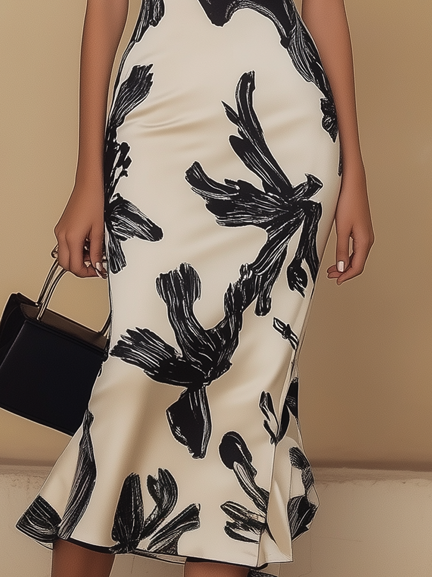 Off Shoulder Biege Midi Bodycon Dress With Black Elegant Print