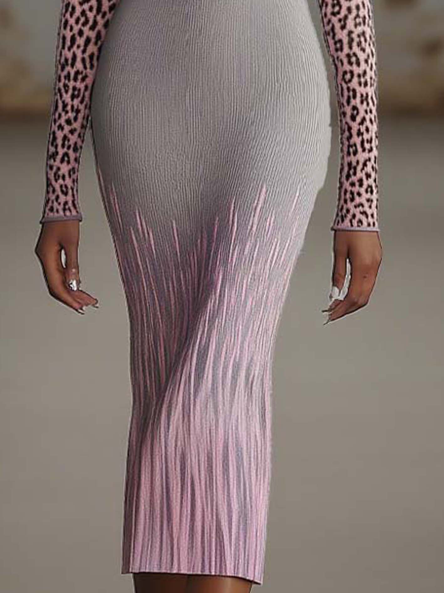 Gray Knitted Midi Bodycon Dress With Pink Leopard Print And Lines