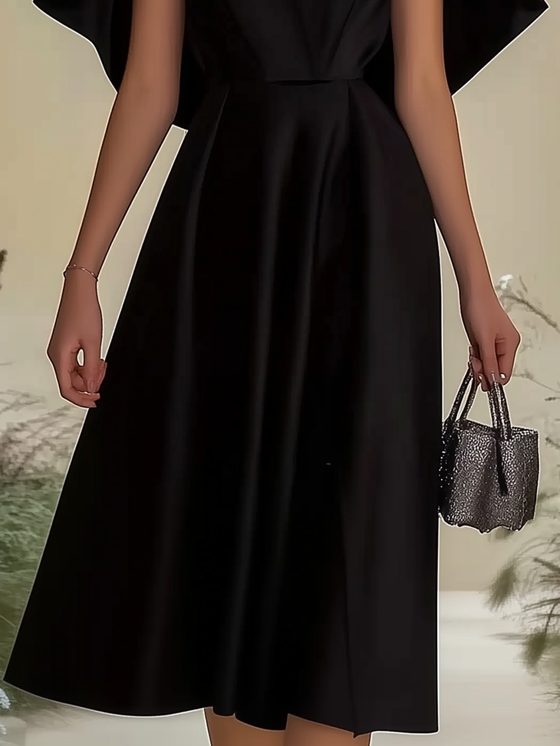 Black Satin Midi Dress With Fashion Cape Design