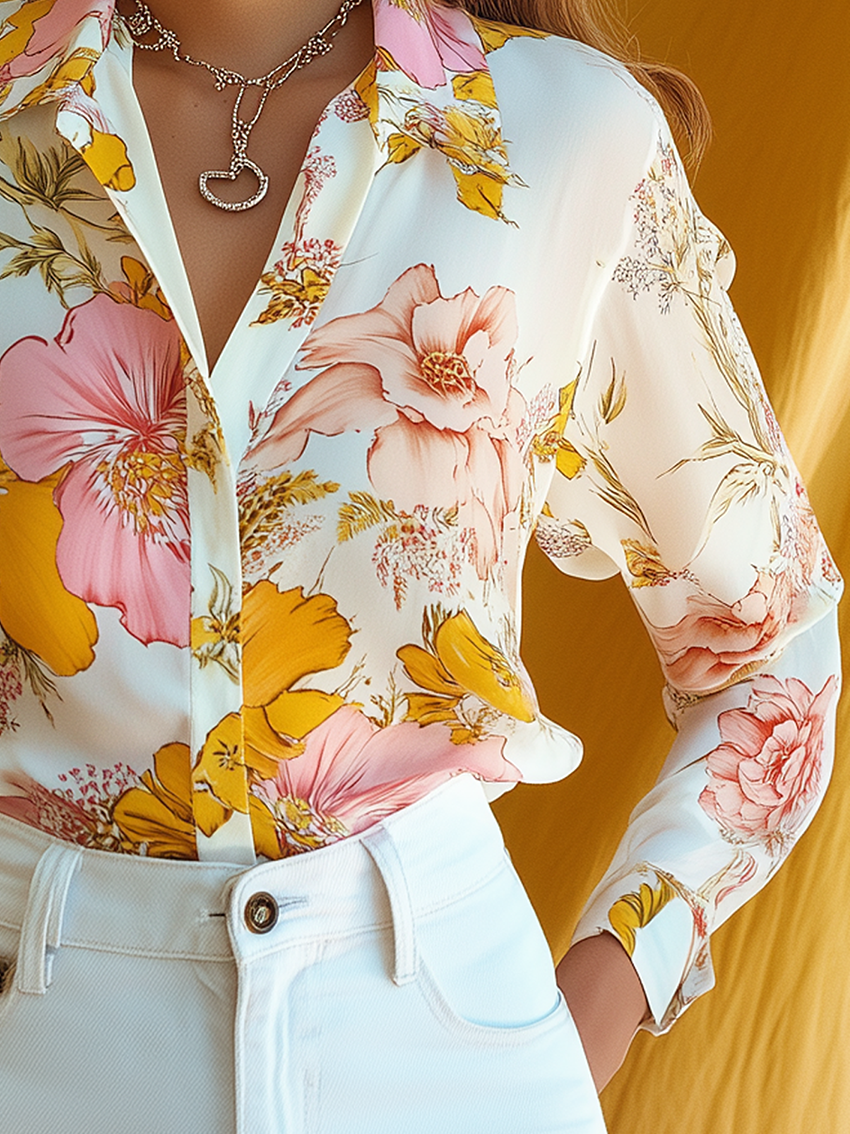 White Blouse With Pink And Yellow Flower Print