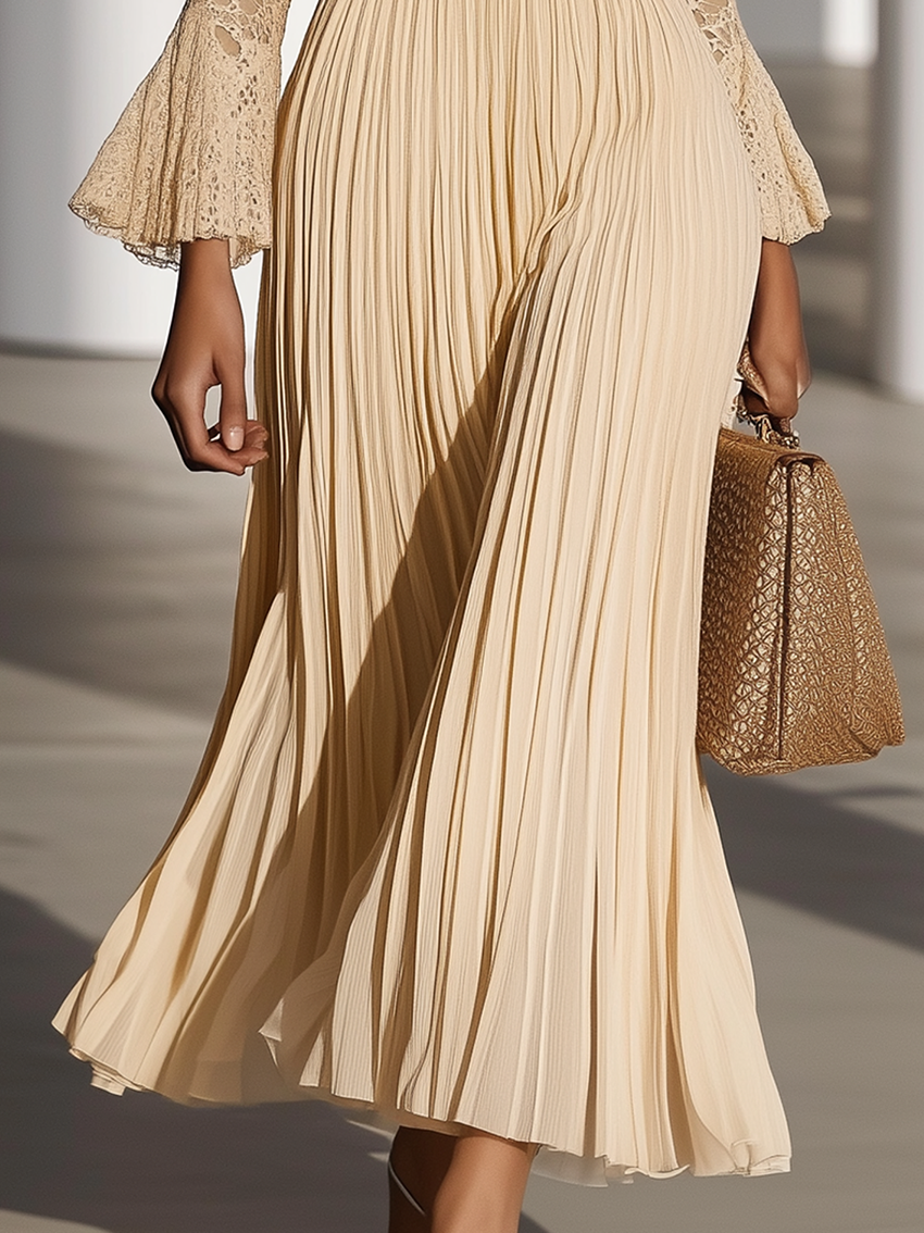 Beige Chiffon Maxi Dress With Lace Sleeves With V-neck