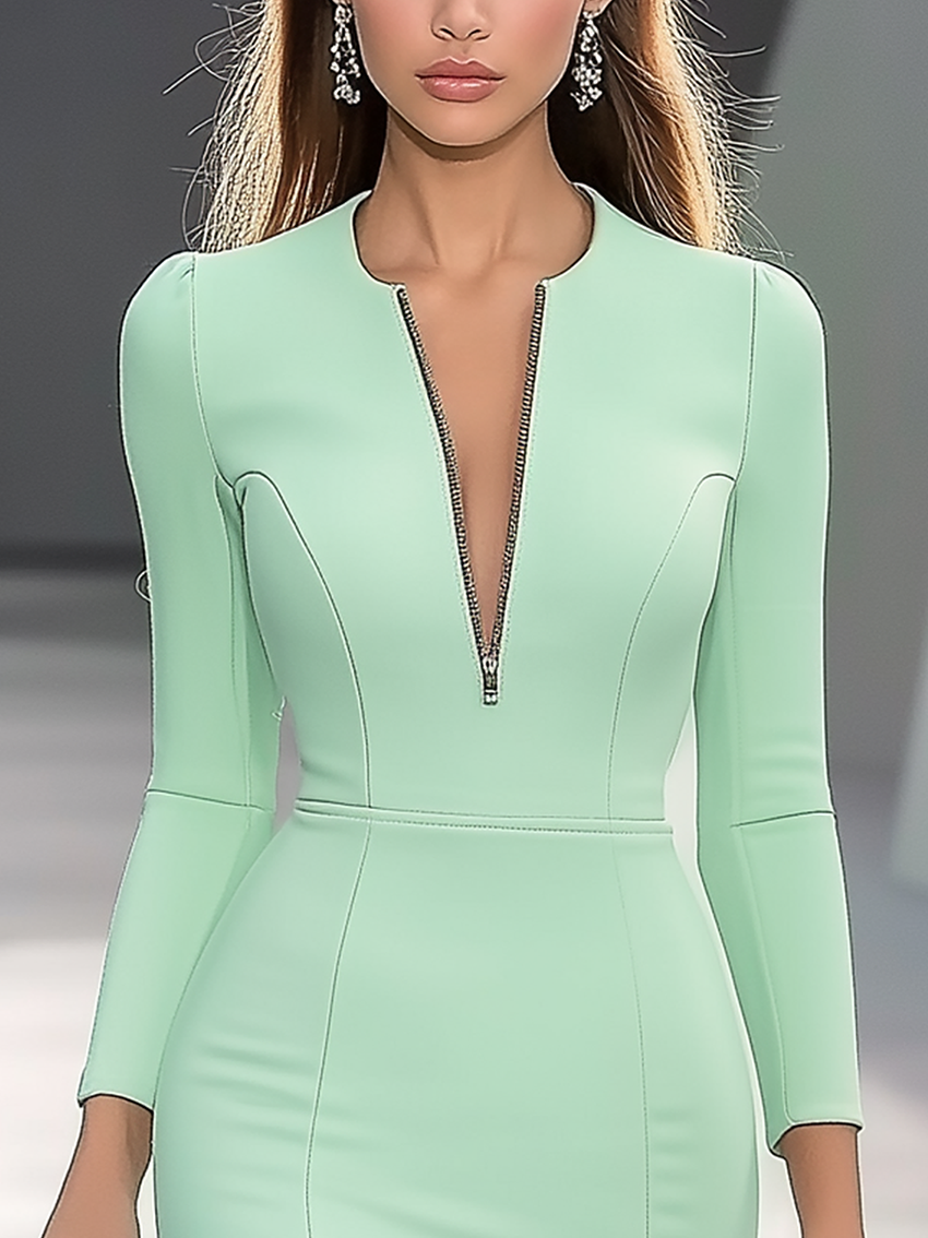 Round Neck Mint Green Midi Bodycon Dress With Zipper