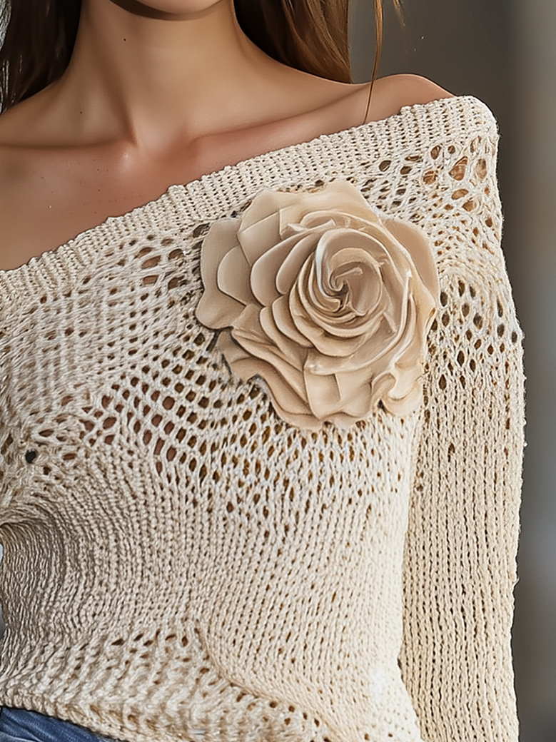 One Shoulder Beige Fashion Thin Knit Shirt With 3D Flowers