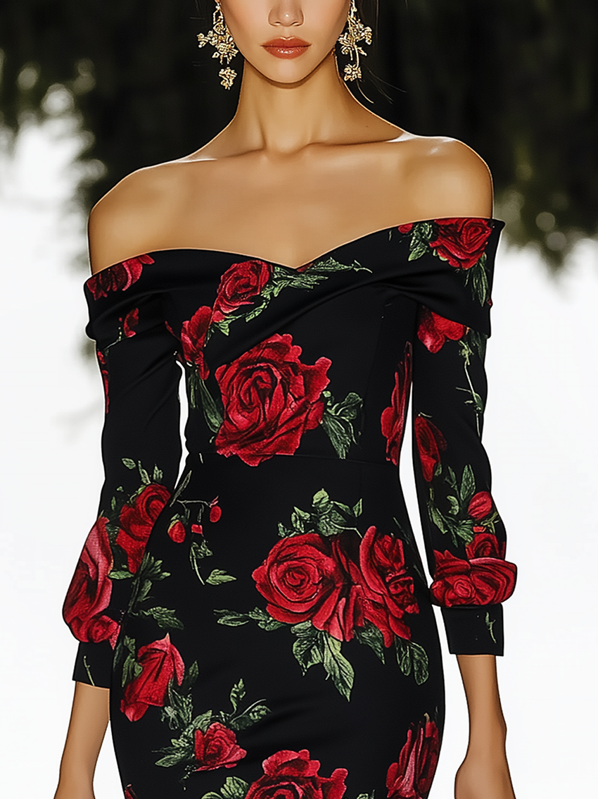 Off The Shoulder Black Midi Bodycon Dress With Rose Print