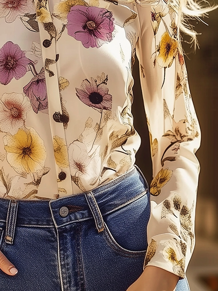 Beige Chiffon Blouse With Elegant Flower Print