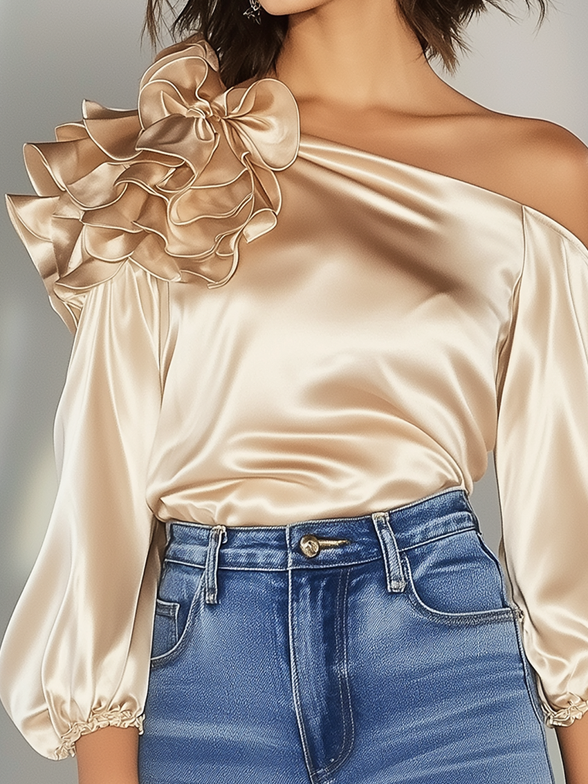 One Shoulder Champagne Satin Shirt With Ruffles