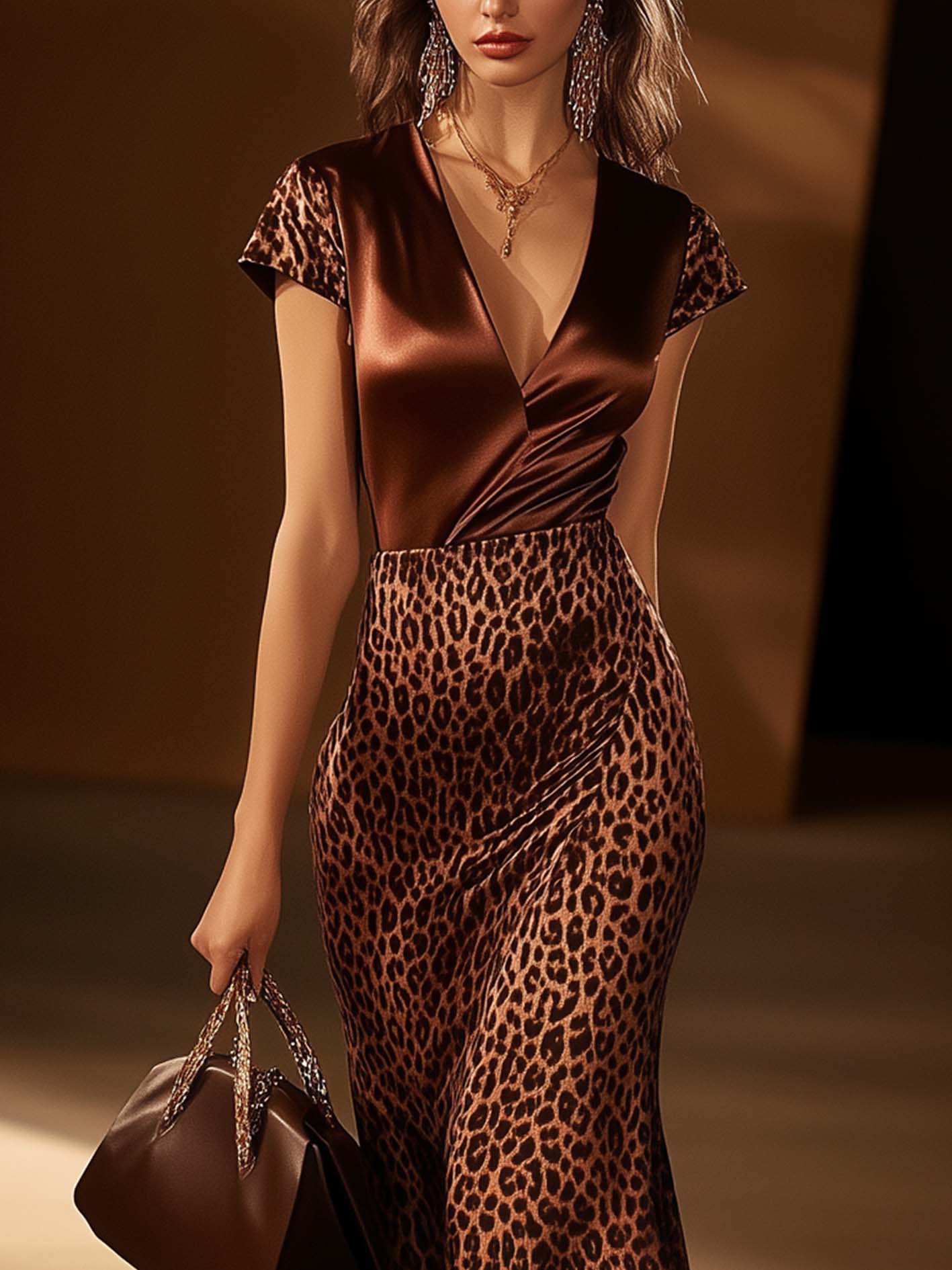 Brown Satin Maxi Bodycon Dress With Leopard Print