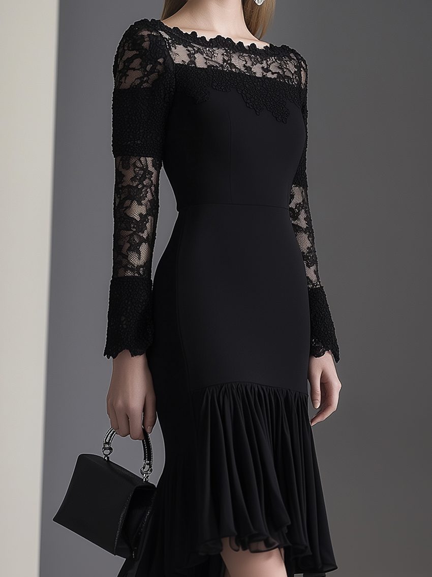 Off-The-Shoulder Black Midi Dress With Lace Stitching