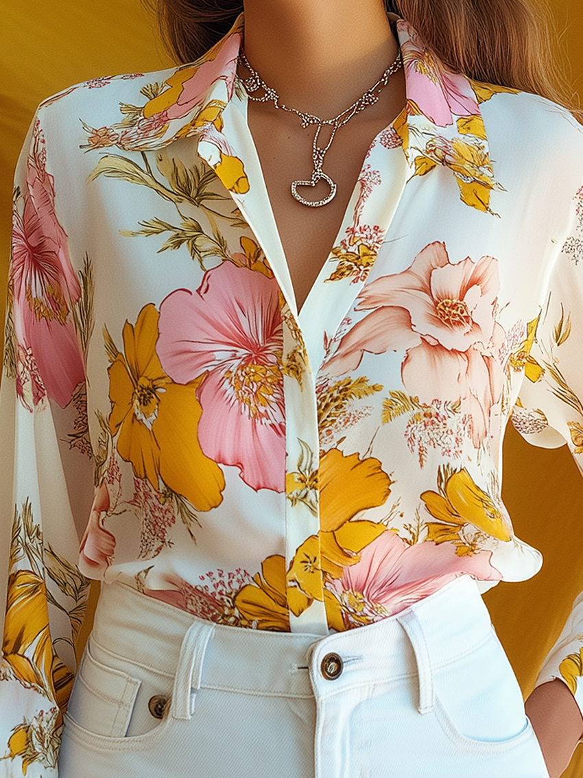 White Blouse With Pink And Yellow Flower Print