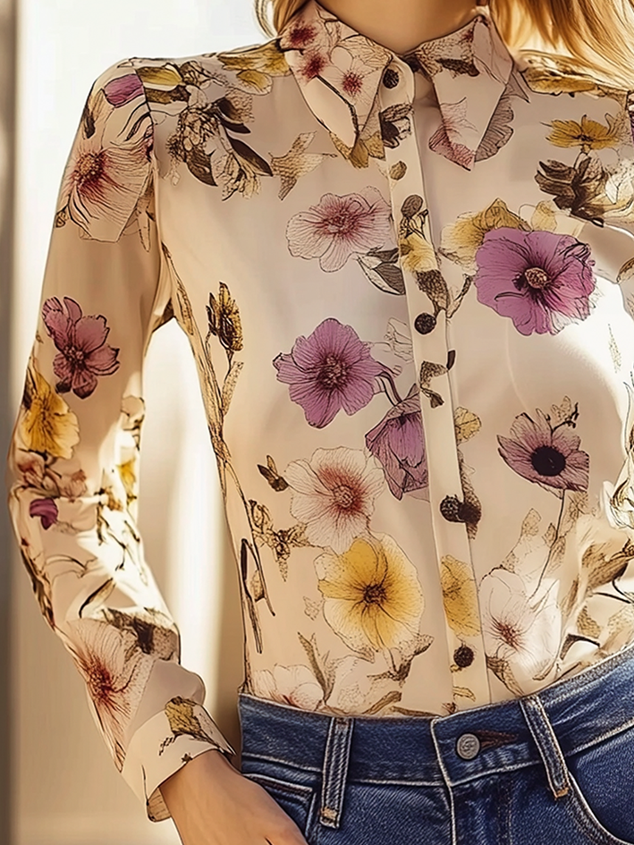 Beige Chiffon Blouse With Elegant Flower Print