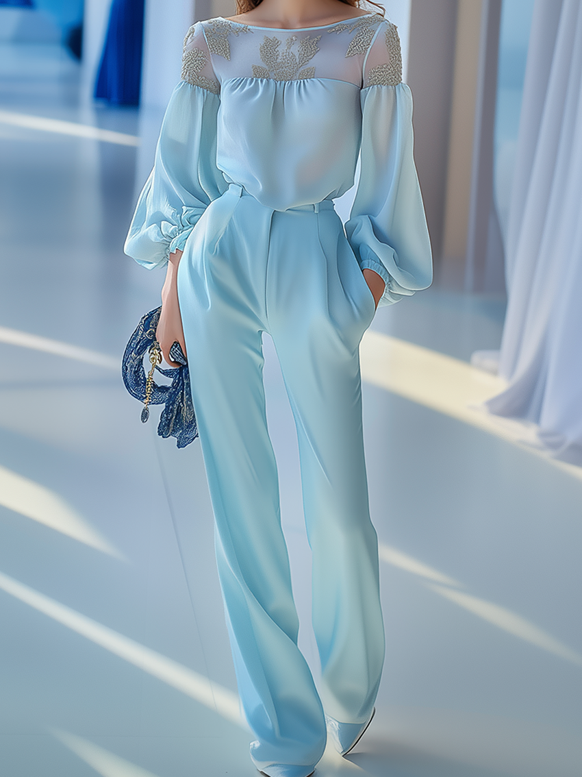 Sky Blue Chiffon Suit With Silver Plant Embroidery