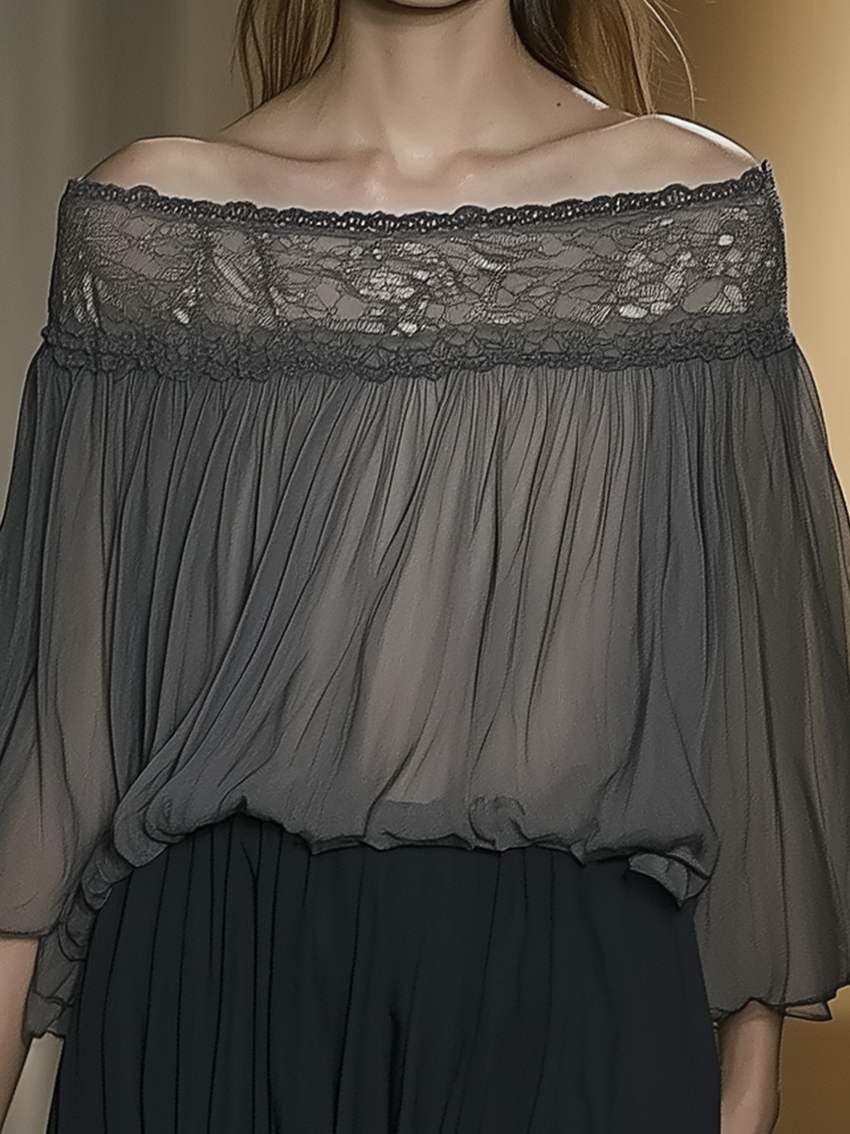 Off Shoulder Neckline Stitching Mesh Gray Chiffon Shirt