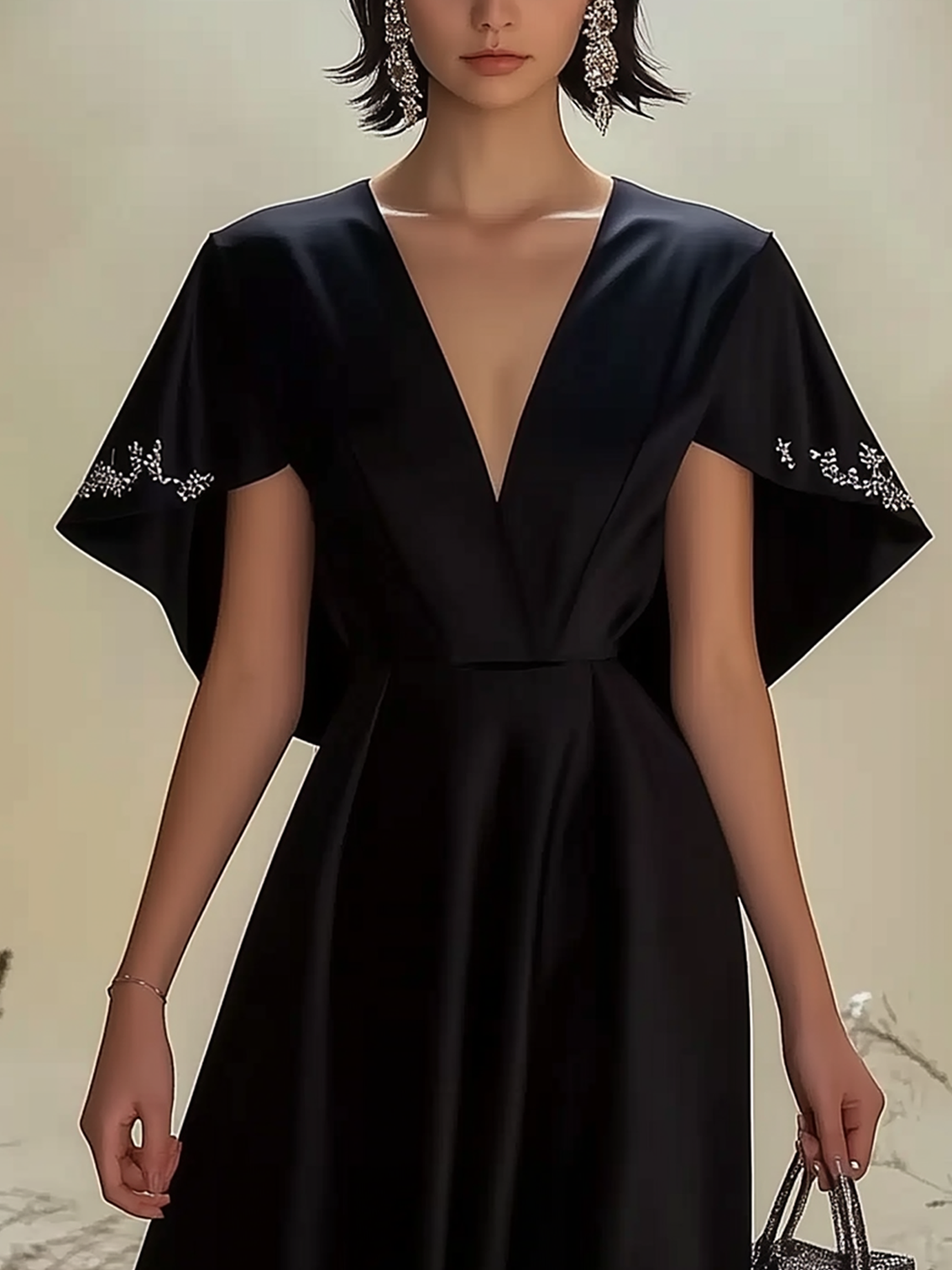 Black Satin Midi Dress With Fashion Cape Design