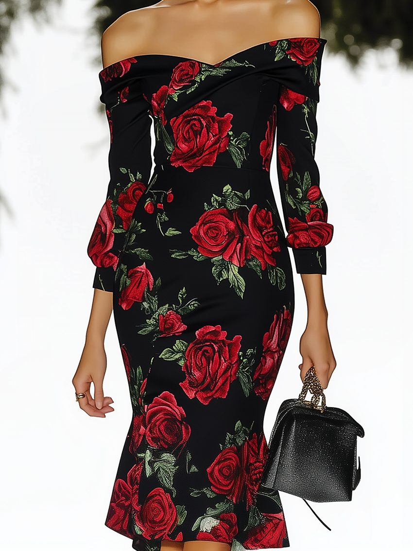 Off The Shoulder Black Midi Bodycon Dress With Rose Print