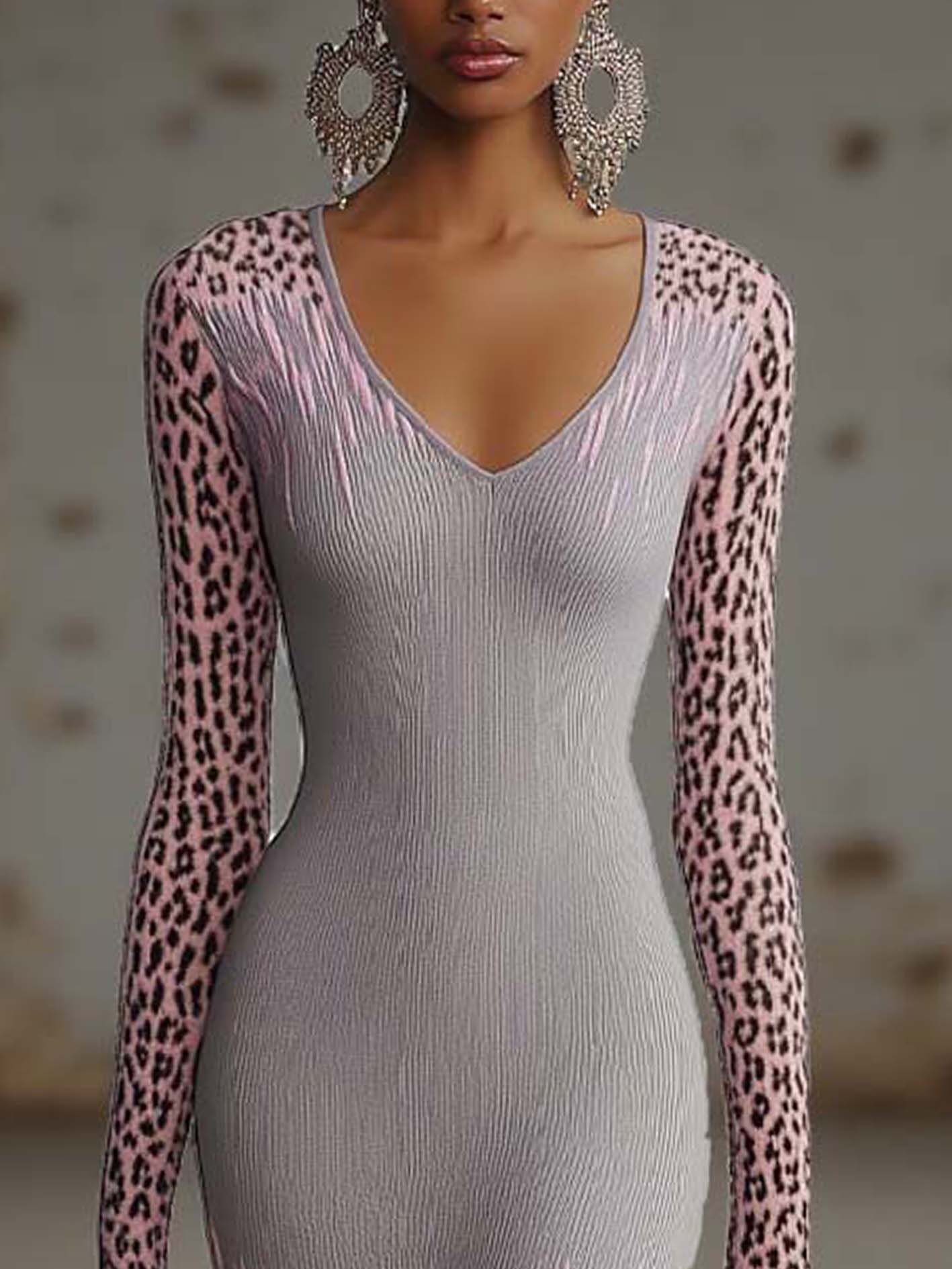 Gray Knitted Midi Bodycon Dress With Pink Leopard Print And Lines