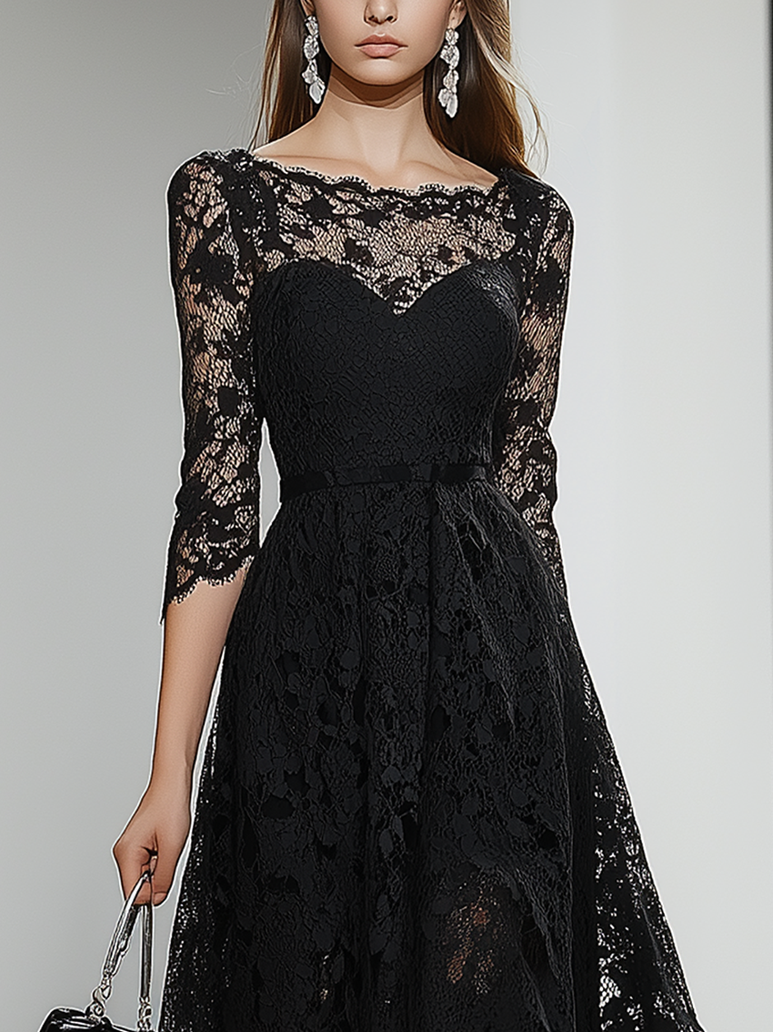 Black Round Neck Lace Maxi Dress