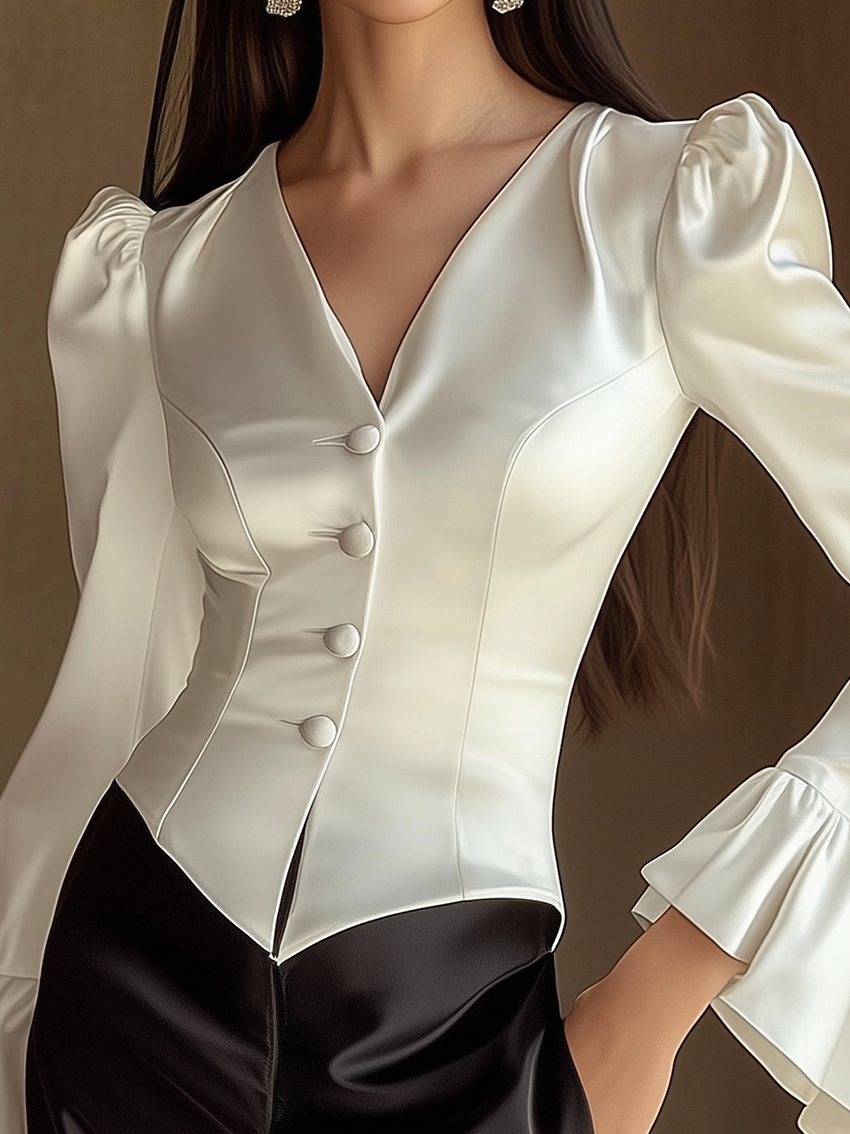 Elegant And Stylish White Satin V-neck Blouse