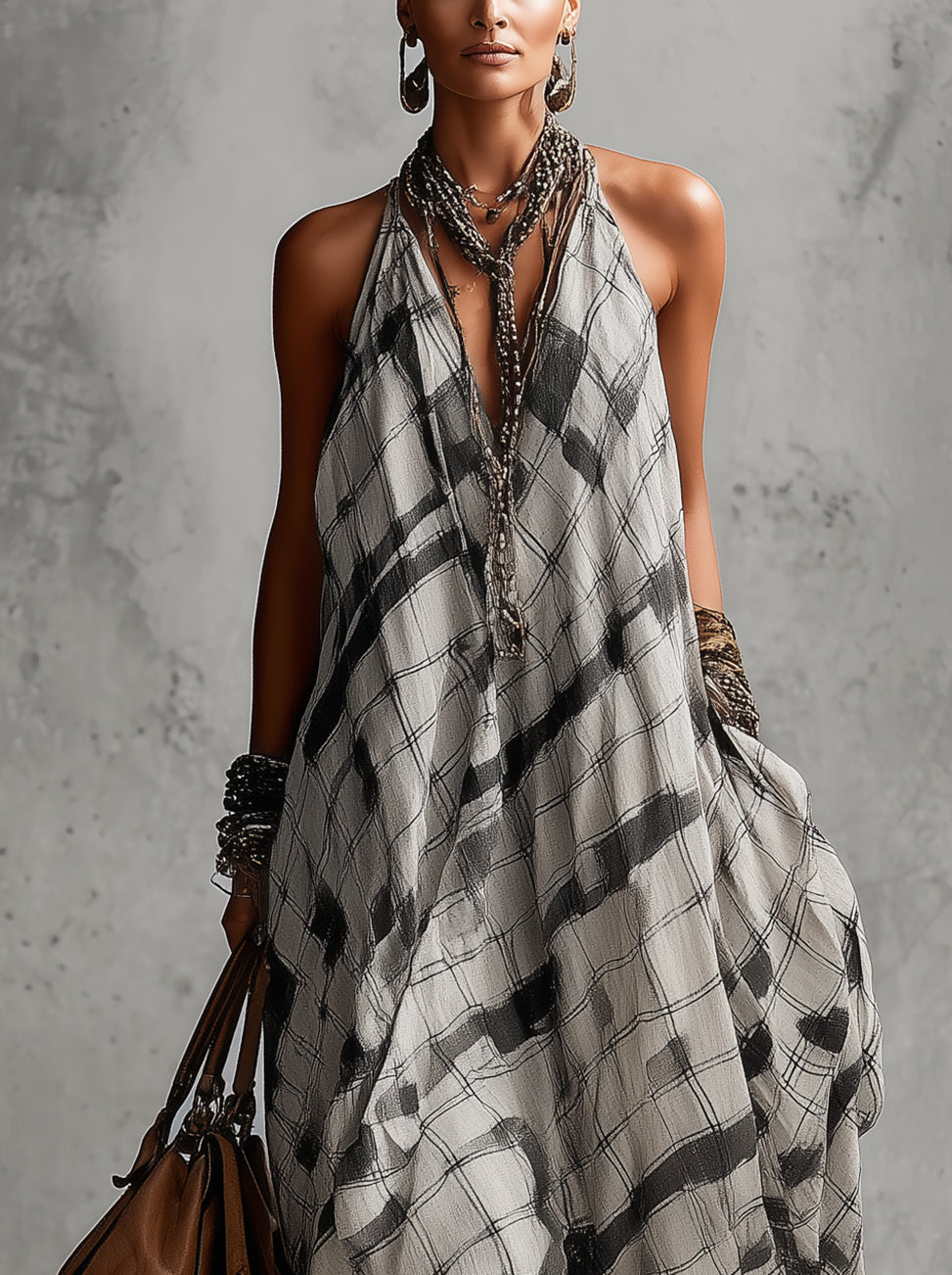 Gray Abstract Plaid Halter Neck Flowy Maxi Dress