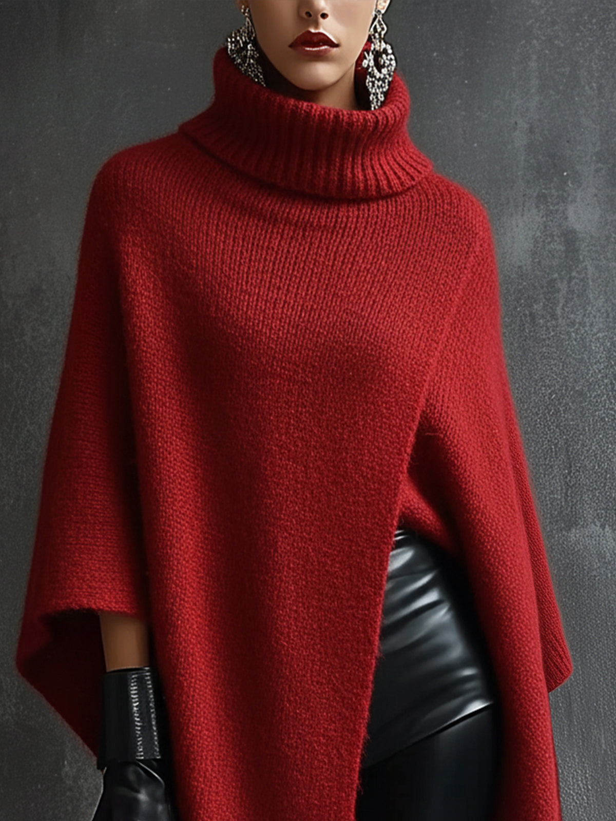 Red Knit Asymmetrical Poncho Sweater