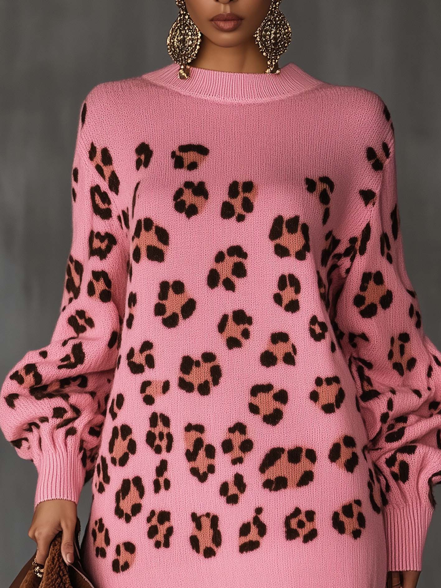 Pink Loose Knit Mini Dress With Velvet Ruffle And Leopard Print
